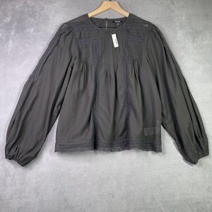 Madewell Top Womens Large Black Lace Pintuck Long Sleeve Peasant Boho Blouse NWT